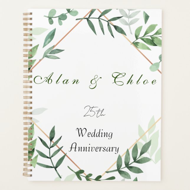 Agenda Planner de regalo Boda 25º botánico blanco + verde (Anverso)