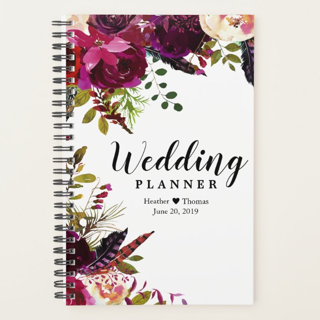 Agenda Planner diario de Boda de novia floral de Borgoña (Anverso)