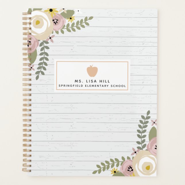 Agenda Planner docente floral en madera gris (Anverso)