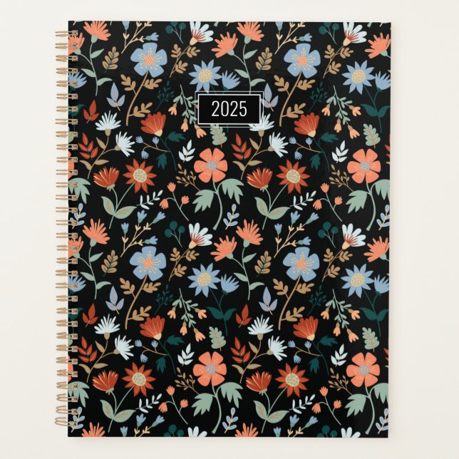 Agenda Planner Elegant Flowers Black Naranja Blue Floral (Anverso)
