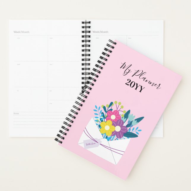 Agenda Planner espiral con flores en fondo rosa (Demostración)