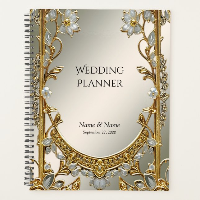 Agenda Planner floral blanco de ornato dorado (Anverso)
