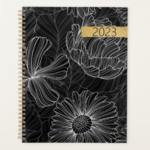 Agenda Planner floral floral moderno en blanco y negro