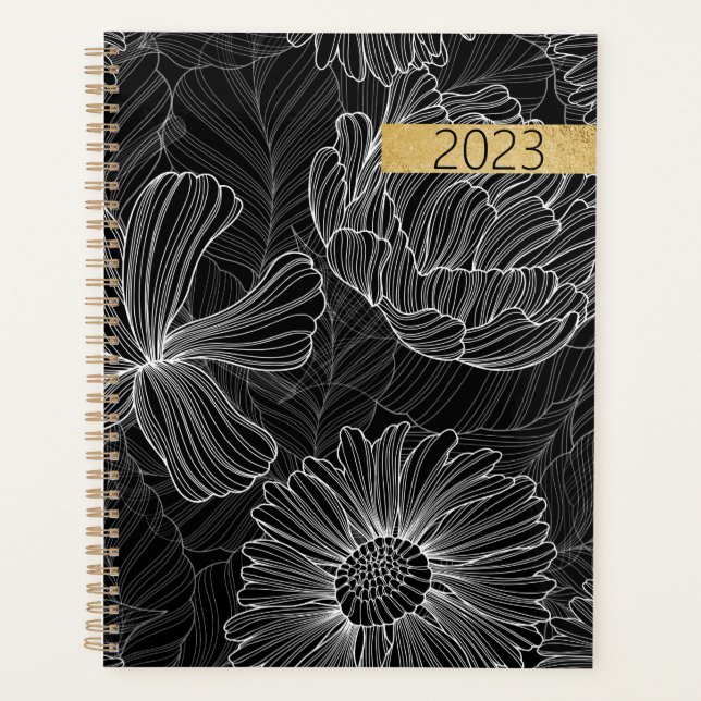 Agenda Planner floral floral moderno en blanco y negro (Anverso)