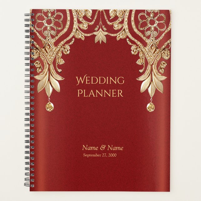 Agenda Planner floral rojo de oro moderno (Anverso)