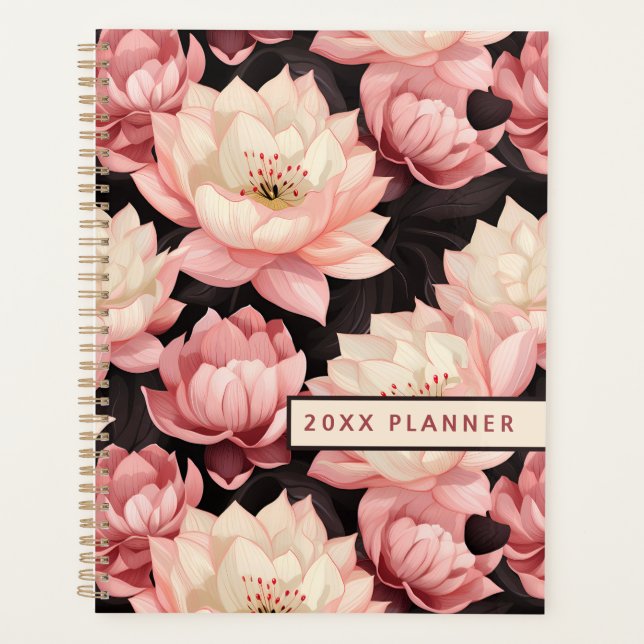 Agenda Planner floral rosa y marrón Lotus (Anverso)