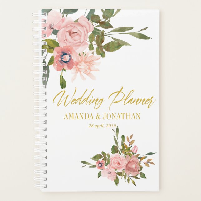 Agenda Planner floral Rubor de bodas rosadas y doradas (Anverso)