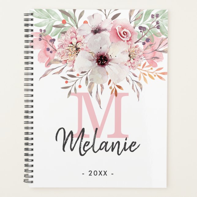 Agenda Planner Girly Rubor Pink Monogram Floral 2024 (Anverso)