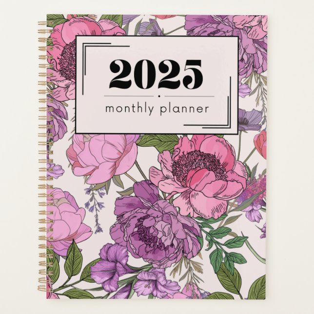 Agenda Planner mensual de arte de línea floral 2025 (Anverso)