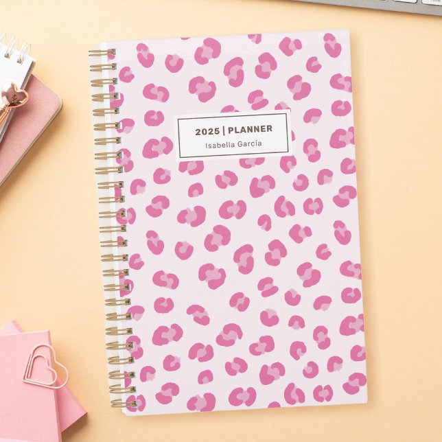 Agenda Planner mensual rosado moderno (Personalized Pink Leopard Print, Weekly Monthly Planner.)