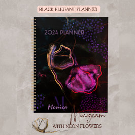 Agenda Planner negro con flores rosadas y moradas