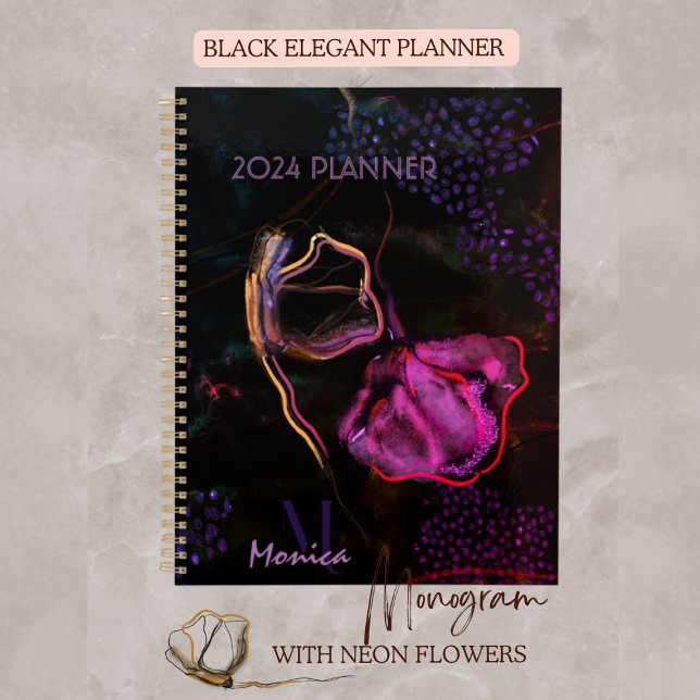 Agenda Planner negro con flores rosadas y moradas (Subido por el creador)