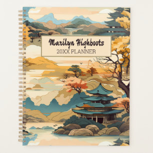 Agenda Planner paisajístico coreano en oro y Verde azulad