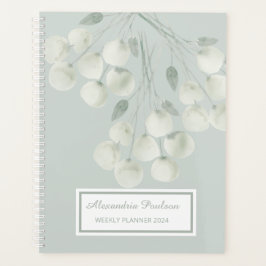 Agenda Planner semanal Verde azulado de flores blancas de