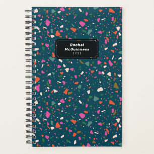 Agenda Planner verde azulado Blue Terrazzo con nombre y a