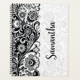 Agenda Plano audaz de floral blanca negra semanal/mensual