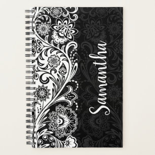 Agenda Plano audaz de floral blanca negra semanal/mensual