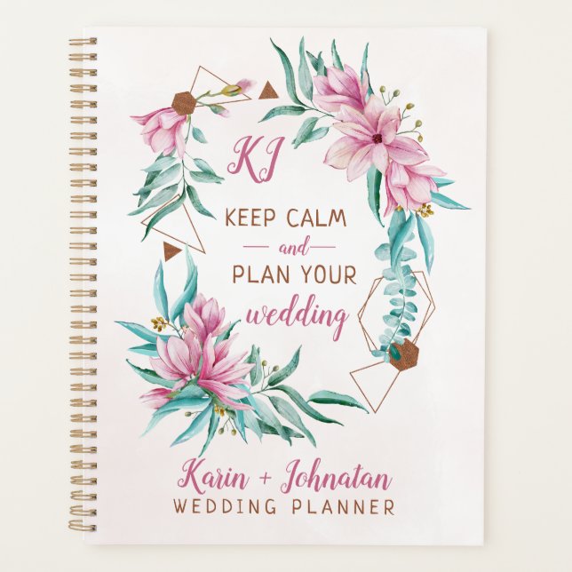 Agenda Plano de bodas moda floral oro rosa monogramado (Anverso)