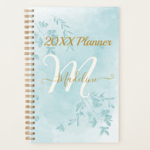 Agenda Plano de monograma de hojas azules de color de agu