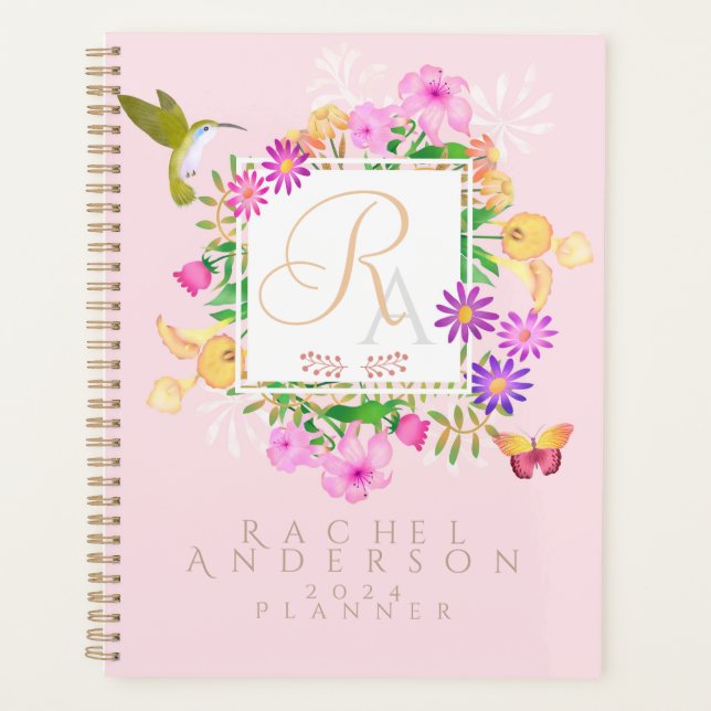 Agenda Plano de monograma rosa de jardín floral (Anverso)