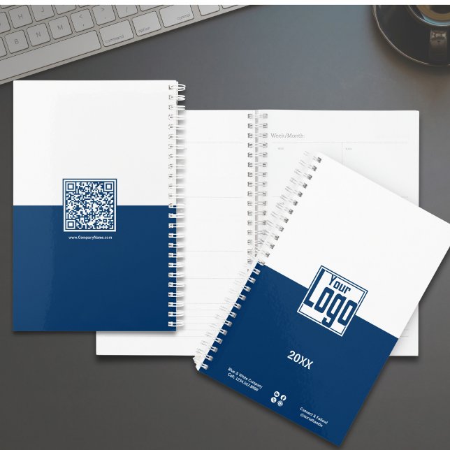 Agenda Plano de pequeñas empresas simple en blanco y azul (Simple Blue & White Small Business Planner with Logo)
