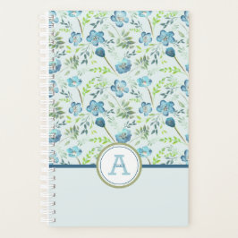 Agenda Plano Monograma Patrón floral verde azul