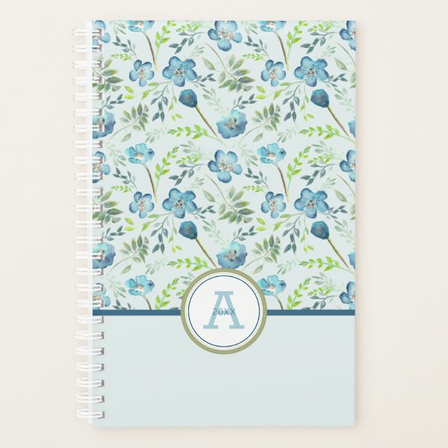 Agenda Plano Monograma Patrón floral verde azul (Anverso)