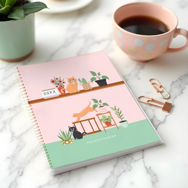 Agenda Plantas de casa pulida y gatos felices y bonitos (Potted House Plants & Cute Happy Cats Planner)