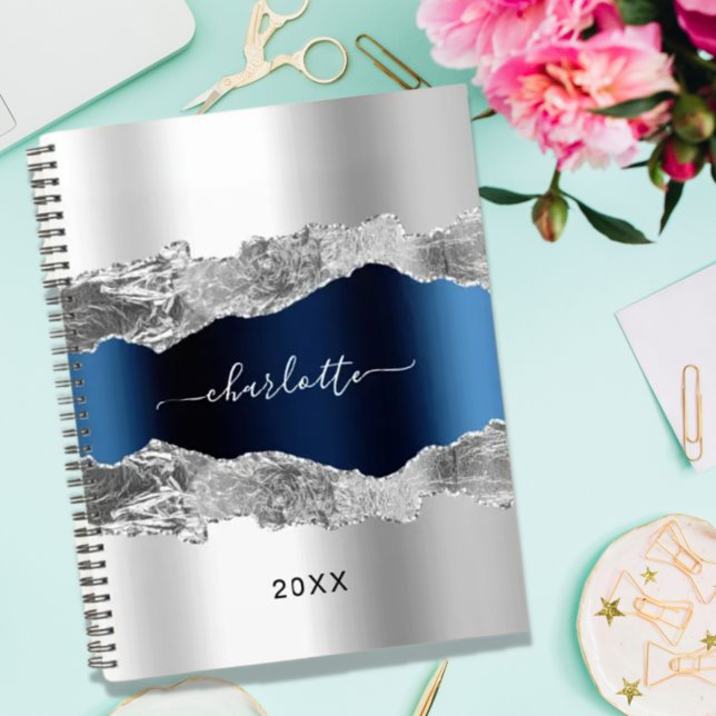 Agenda Plata azul marino agate nombre de mármol elegante  (Subido por el creador)
