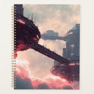 Agenda Plataformas futuristas en las nubes al anochecer