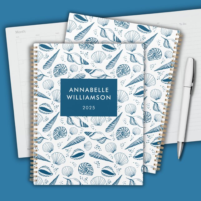 Agenda Playa azul caparazón y blanca (Seashell blue and white personalized planner)