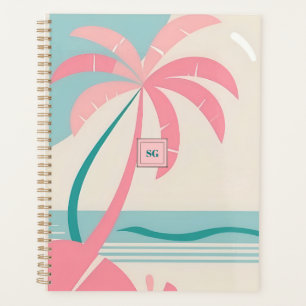 Agenda Playa tropical monogramo pastel rosa y verde azula