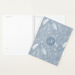 Agenda polvoriento azul boho plumas flores paislies monog