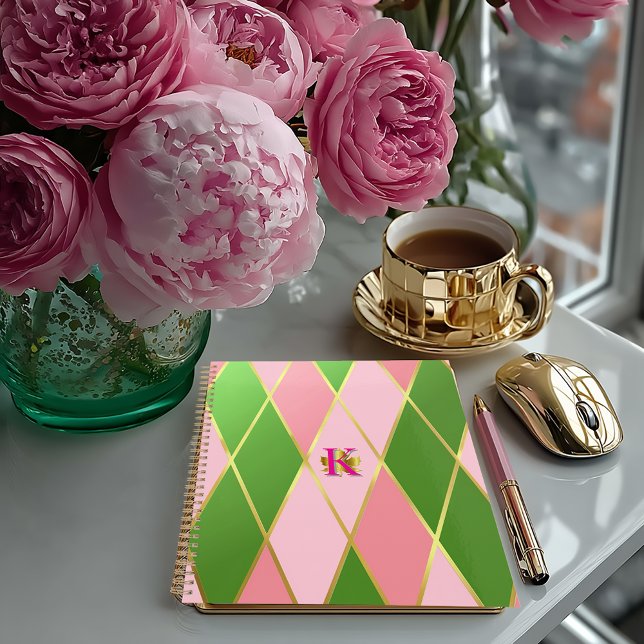 Agenda Posh Pink and Green Argyle Monogrammed Planner (Stylish Posh Plaid Pink and Green Monogrammed Argyle Planner/Glossy Softcover of Matte Hardcover)