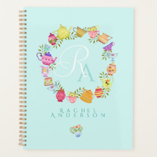 Agenda Potes de té y tazas monograma azul pastel
