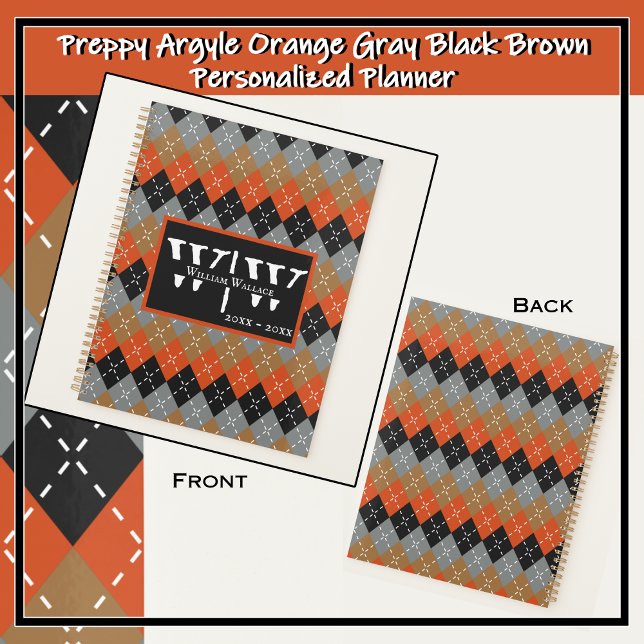 Agenda Preppy Argyle Naranja Gray Black Brown personaliza (Make a standout statement with this handsome, colorful, bold, unique, customizable daily planner. )