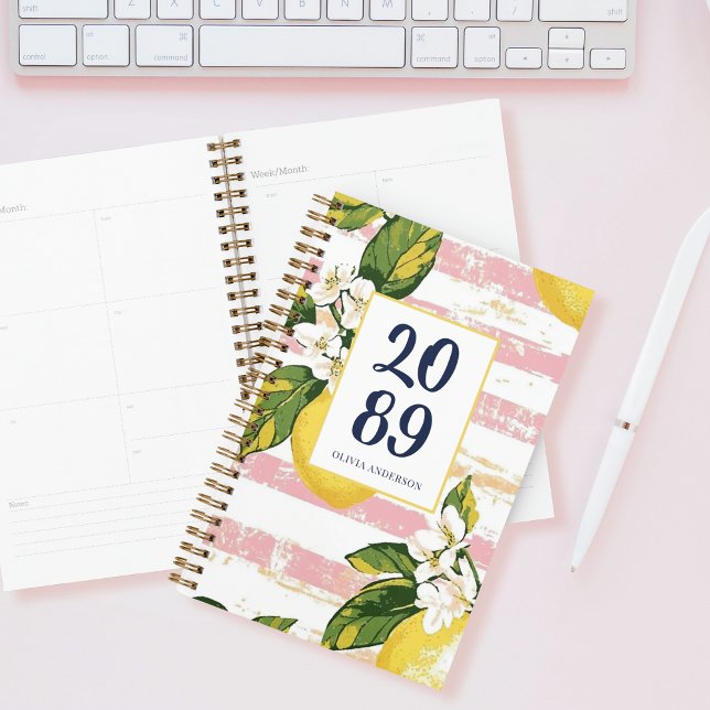 Agenda Preppy Lemon Blossom Floral Pink Striped (Subido por el creador)