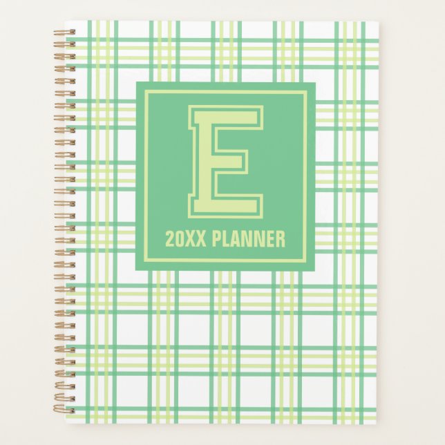 Agenda Preppy Plaid Varsity Monograma Verde Lima (Anverso)