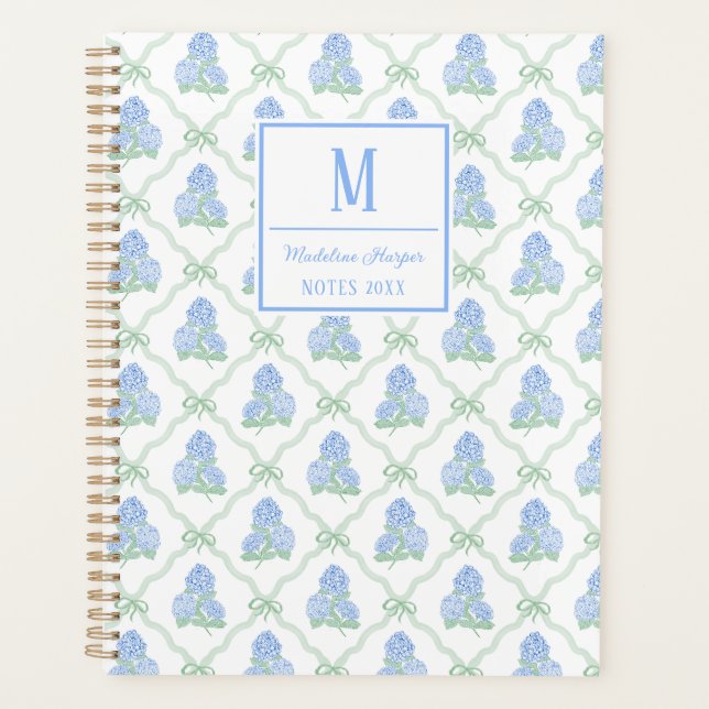 Agenda Preppy Trellis Bow Blue & Green Hydrangeas Monogra (Anverso)