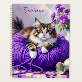 Agenda Pretty Cat with Purple Flowers and Yarn  