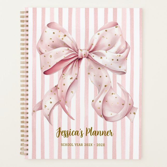 Agenda Pretty Pink Gold Confetti Bow School Planner (Anverso)