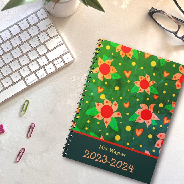 Agenda Profesor personalizado Fun Retro Flores Verdes (Subido por el creador)