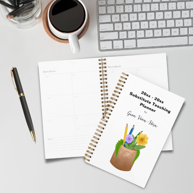 Agenda Profesora sustituta de escuela Pencils Flores pequ (Substitute School Teacher Pencils Flowers Small Planner)