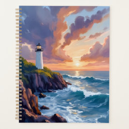 Agenda Puesta de sol de faro costero | Pintura del océano