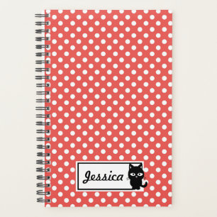 Agenda Punto de polka roja y gato negro personalizado
