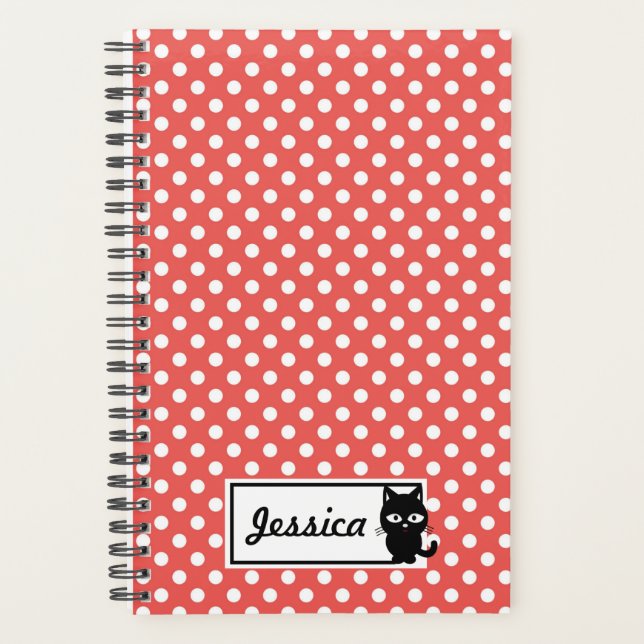 Agenda Punto de polka roja y gato negro personalizado (Anverso)