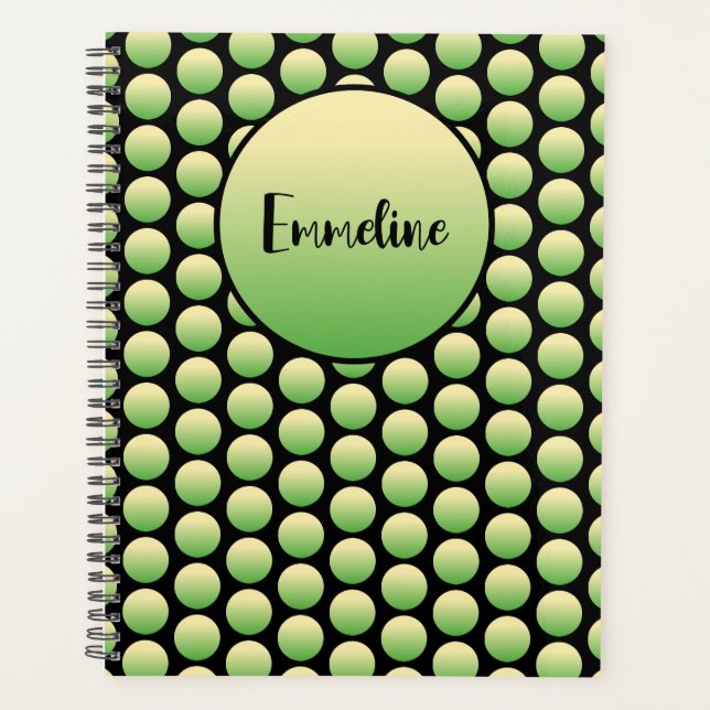 Agenda Punto de Polka Verde Amarillo Retro Nombre Negro (Anverso)