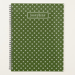Agenda Puntos Polka Blancos y Verde Oliva Con Nombre