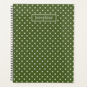 Agenda Puntos Polka Blancos y Verde Oliva Con Nombre