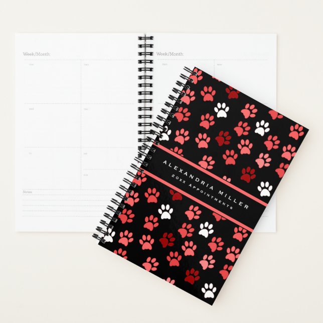 Agenda Puppy Dog Paw Print Black & Pink | Nombre y año (Demostración)